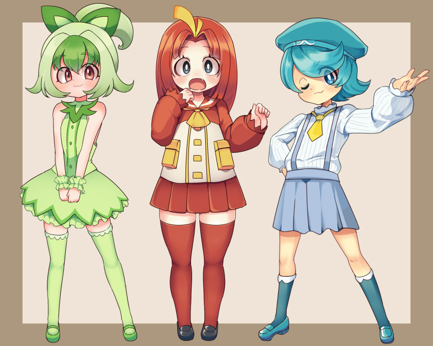 3girls :3 ahoge bangs blonde_hair blue_eyes blue_hair blush borokuro dress fang flipped_hair fuecoco green_hair hair_ornament hat highres loafers long_hair long_sleeves mary_janes multicolored_hair multiple_girls neckerchief necktie one_eye_closed open_mouth parted_bangs personification pleated_skirt pokemon ponytail puffy_long_sleeves puffy_sleeves quaxly red_eyes redhead sailor_collar shirt shoes short_hair skirt sleeveless sleeveless_dress smile socks sprigatito striped striped_shirt suspender_skirt suspenders thigh-highs two-tone_hair vertical-striped_shirt vertical_stripes wrist_cuffs