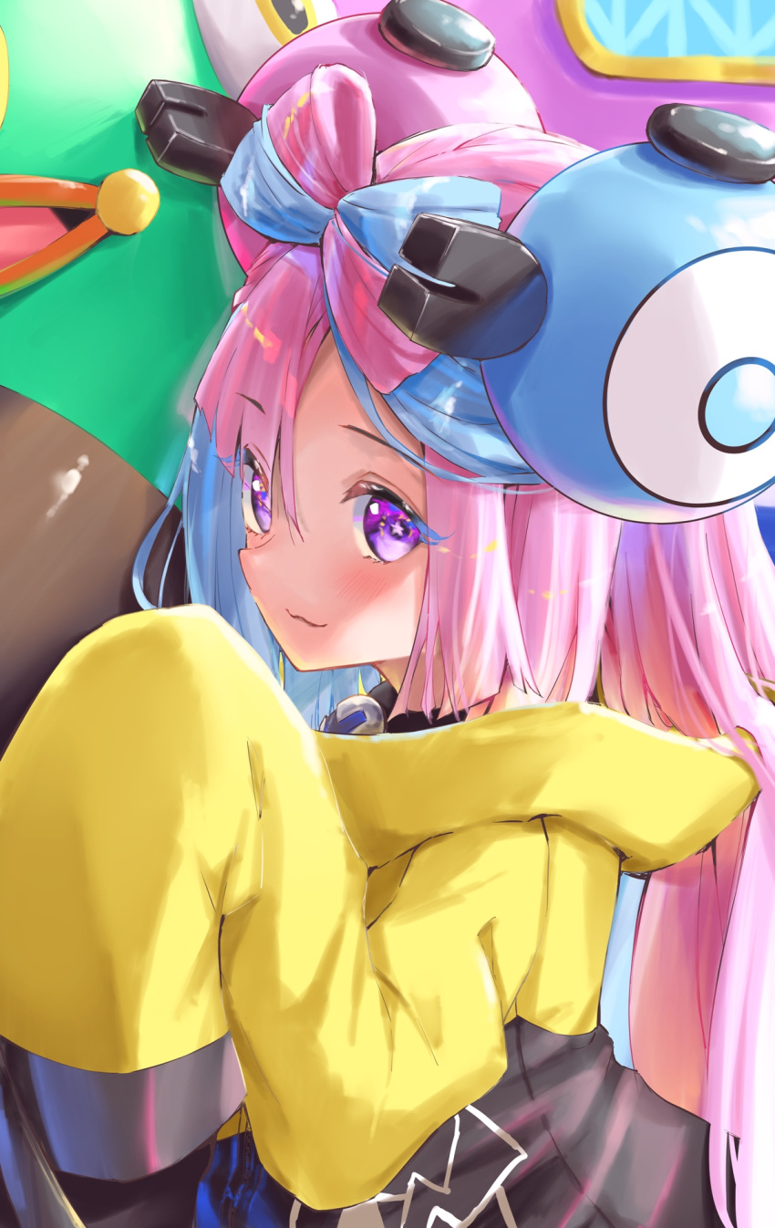1girl bellibolt bow-shaped_hair character_hair_ornament hair_ornament hexagon_print highres iono_(pokemon) jacket long_hair low-tied_long_hair oversized_clothes pokemon pokemon_(creature) pokemon_(game) pokemon_sv sleeves_past_fingers sleeves_past_wrists star_(symbol) star_in_eye symbol_in_eye tarunyan very_long_sleeves x yellow_jacket