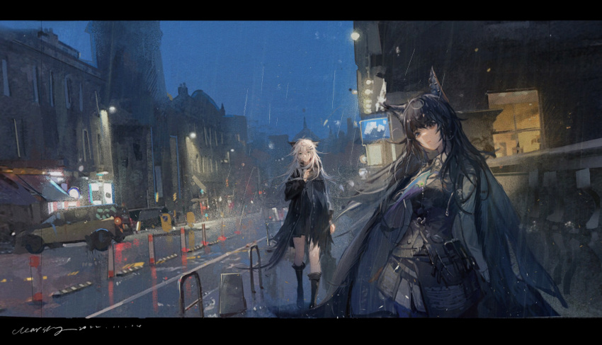 2girls animal_ear_fluff animal_ears arknights bangs black_footwear black_hair black_jacket black_shirt black_skirt black_vest blue_sky boots brown_eyes building car clearsky330 commentary_request day ear_piercing grey_eyes grey_hair ground_vehicle hair_between_eyes hair_ornament hairclip highres jacket knee_boots lappland_(arknights) letterboxed long_hair motor_vehicle multiple_girls open_clothes open_jacket outdoors piercing pleated_skirt rain road shirt signature skirt sky street texas_(arknights) very_long_hair vest walking white_shirt white_skirt window