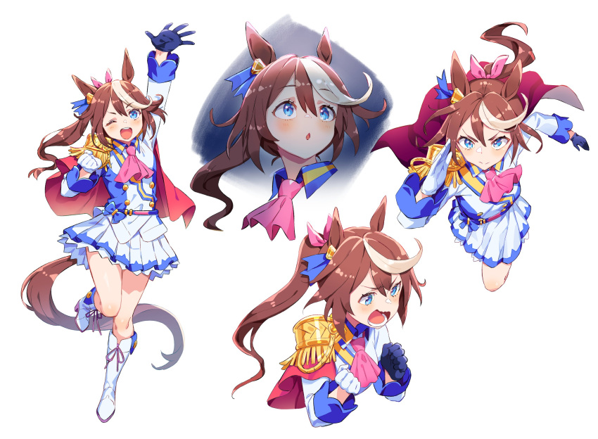1girl animal_ears arm_up asymmetrical_gloves bangs blue_eyes blue_gloves blush boots brown_hair cape clenched_hands closed_mouth epaulettes gloves highres horse_ears horse_girl horse_tail jacket kunikune long_hair looking_at_viewer miniskirt mismatched_gloves multicolored_hair multiple_views one_eye_closed open_mouth pink_asc running single_epaulette skirt smile standing standing_on_one_leg streaked_hair tail teeth tokai_teio_(umamusume) tongue tongue_out umamusume upper_teeth v-shaped_eyebrows white_background white_footwear white_gloves white_jacket white_skirt