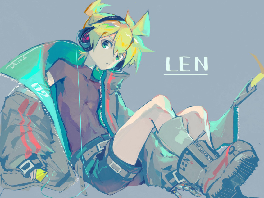 black_shorts blonde_hair blue_eyes boots cellphone character_name grey_background headphones highres holding holding_phone jacket kagamine_len male_focus mechanical_hands mutomorokoshi open_clothes open_jacket phone short_ponytail shorts simple_background single_mechanical_hand sitting skin_tight smartphone solo vocaloid zipper_pull_tab