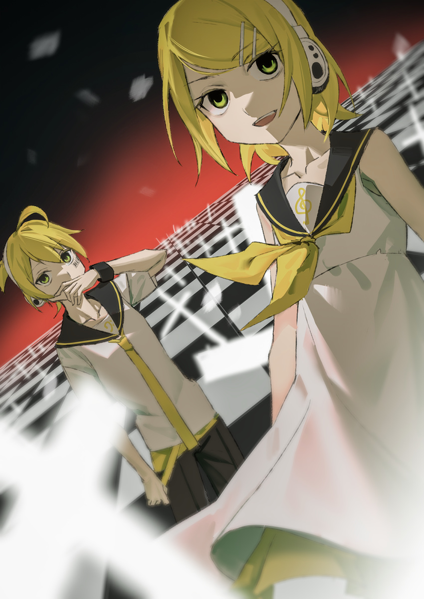 1boy 1girl antichlorobenzene_(vocaloid) barcode barcode_tattoo bare_arms bass_clef black_sailor_collar black_shorts blonde_hair blurry blurry_foreground collarbone commentary covering_mouth cross dress dutch_angle facial_tattoo green_eyes hand_over_own_mouth headphones highres kagamine_len kagamine_rin looking_at_viewer musical_note musical_note_print neckerchief necktie open_mouth sailor_collar shirt short_ponytail shorts siblings skirt sleeveless sleeveless_dress smile standing tattoo tile_floor tiles treble_clef twins vocaloid white_dress white_shirt wounds404 wrist_cuffs yellow_neckerchief yellow_necktie