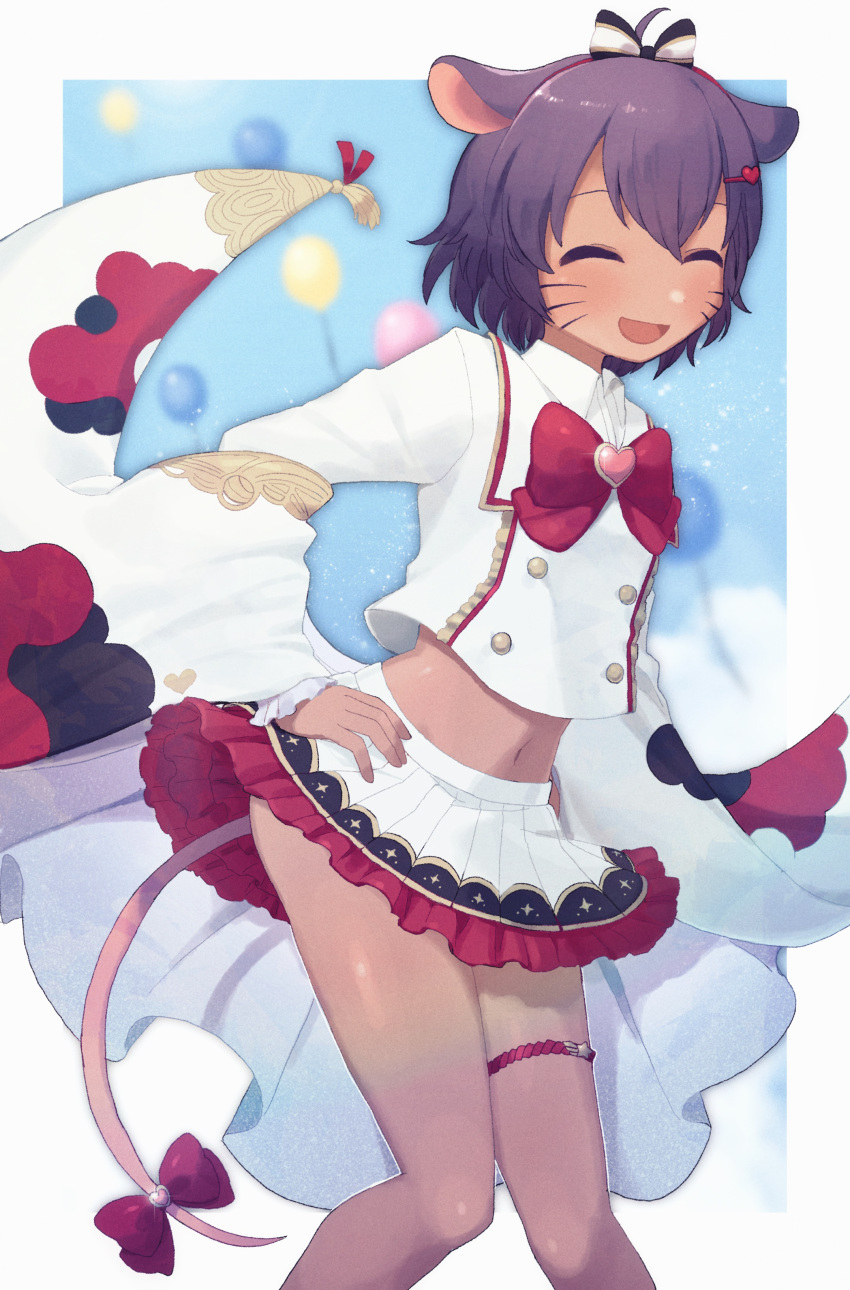 1girl absurdres animal_ears balloon bow crop_top dark_skin facial_mark frilled_skirt frilled_sleeves frills hair_ornament hairclip hand_on_hip highres indie_virtual_youtuber midriff mouse_ears mouse_girl mouse_tail nonaprev open_mouth pleated_skirt short_hair skirt smile solo tail thigh_strap thighs yatra_(vtuber)