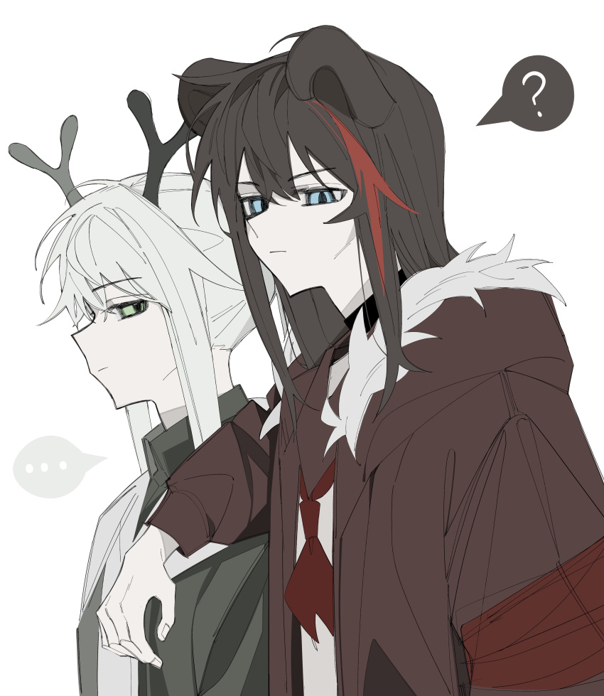... 2girls ? absurdres antlers arknights arm_on_shoulder bangs black_hair blue_eyes brown_jacket closed_mouth firewatch_(arknights) fur-trimmed_hood fur_trim green_eyes green_shirt grey_hair hair_between_eyes highres hood hood_down hooded_jacket jacket lihuashuangxiang long_hair multicolored_hair multiple_girls neckerchief ponytail red_neckerchief redhead shirt simple_background spoken_ellipsis spoken_question_mark streaked_hair upper_body white_background white_shirt zima_(arknights)