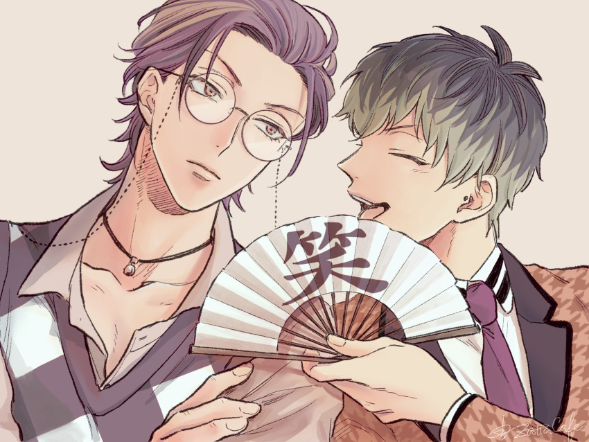 2boys :d argyle argyle_sweater artist_name brown_eyes closed_eyes folding_fan glasses green_hir grey_hair hand_fan hand_on_another's_arm highres hypnosis_mic long_sleeves looking_at_another multiple_boys necktie nurude_sasara purple_hair smile sweater tsutsujimori_roshou upper_body zattacafe