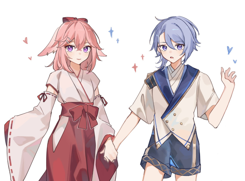 1boy 1girl aged_down animal_ears bangs blue_shorts earrings fox_ears genshin_impact hanayu_aa heart highres hip_vent holding_hands jacket japanese_clothes jewelry kamisato_ayato kimono nontraditional_miko pink_hair red_skirt shorts skirt sleeves_past_fingers sleeves_past_wrists sparkle violet_eyes white_background white_jacket white_kimono yae_miko younger