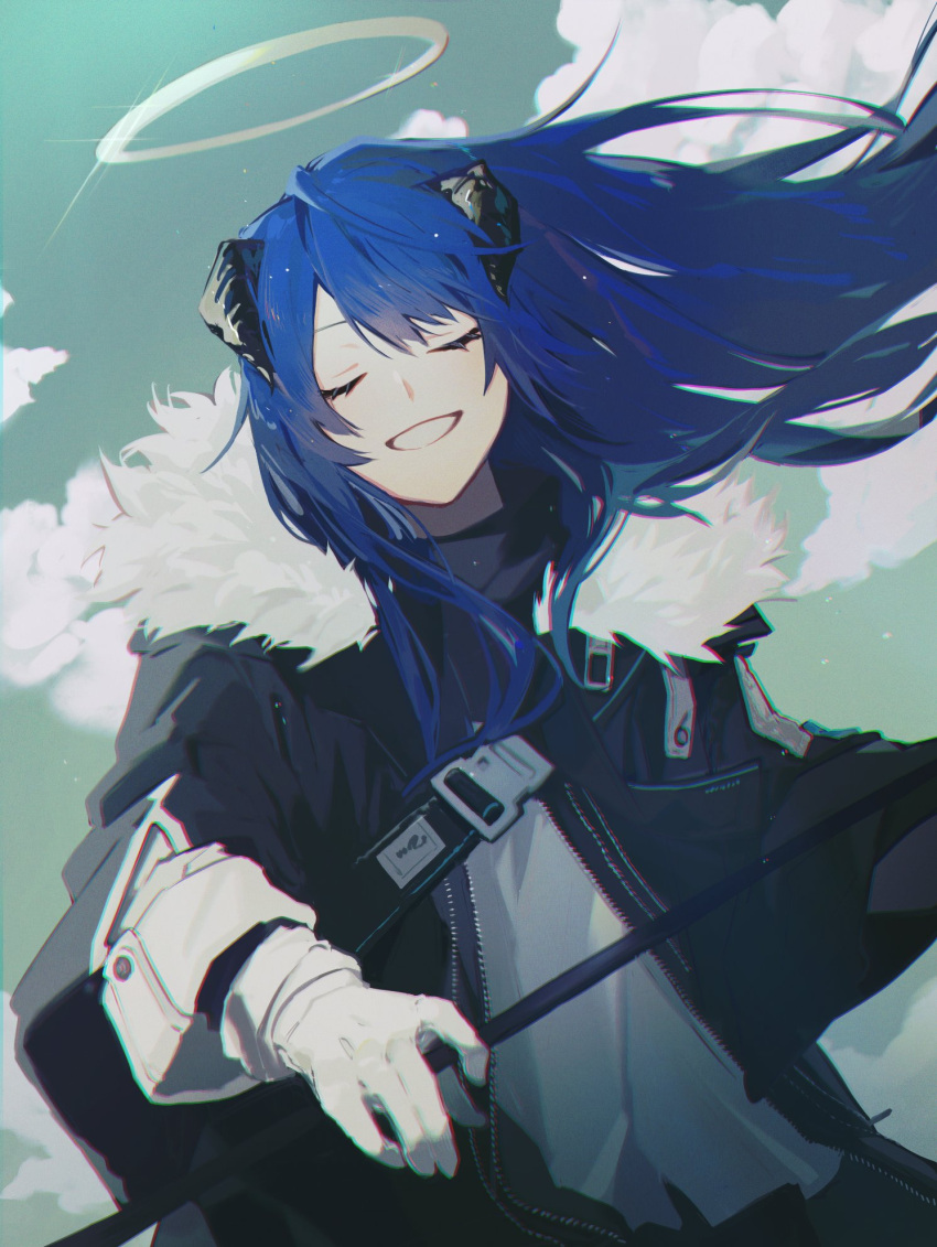 1girl arknights bangs black_jacket blue_hair closed_eyes clouds commentary_request facing_viewer fur-trimmed_jacket fur_trim gloves grey_shirt grin halo highres horns jacket long_hair long_sleeves mostima_(arknights) motamo_(motamotri) shirt smile solo upper_body white_gloves