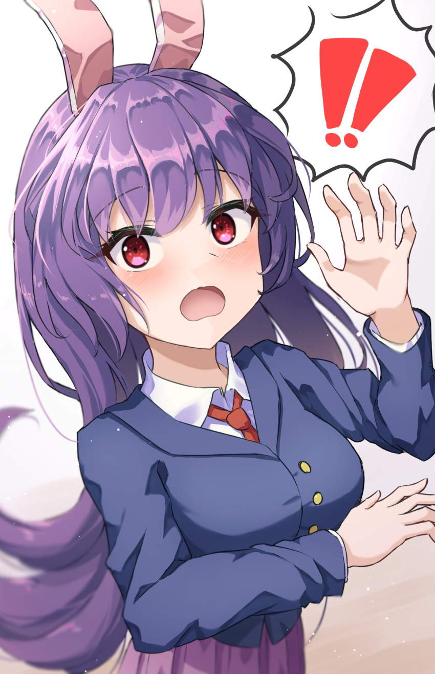 ! !! 1girl animal_ears blazer hand_up highres jacket long_hair necktie open_mouth purple_hair rabbit_ears red_eyes red_necktie reisen_udongein_inaba solo spoken_exclamation_mark surprised touhou upper_body yosshy