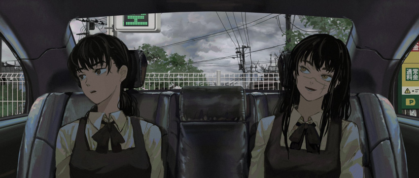 2girls bangs black_hair black_vest brown_eyes car_interior car_seat chainsaw_man clouds collared_shirt day dress dual_persona fence grey_sky highres looking_to_the_side looking_up low_twintails medium_hair mitaka_asa multiple_girls neck_ribbon open_mouth overcast pinafore_dress portrait power_lines rain ribbon ringed_eyes road_sign scar scar_on_cheek scar_on_face school_uniform shinamoku00 shirt sign sitting sky smile town tree twintails utility_pole vest white_shirt yoru_(chainsaw_man)