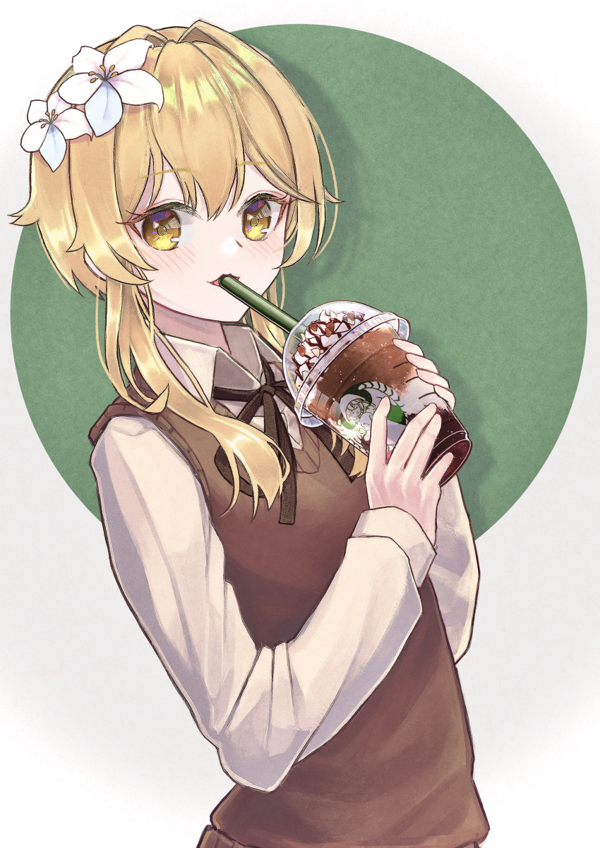 1girl absurdres alternate_costume bangs blonde_hair blush bow bowtie bubble_tea coffee_cup collared_shirt commentary_request contemporary cup disposable_cup drinking drinking_straw drinking_straw_in_mouth flower genshin_impact hair_between_eyes hair_flower hair_ornament highres holding light_brown_hair long_sleeves looking_at_viewer lumine_(genshin_impact) muitarou school_uniform shirt short_hair short_hair_with_long_locks sidelocks simple_background solo sweater_vest white_flower yellow_eyes