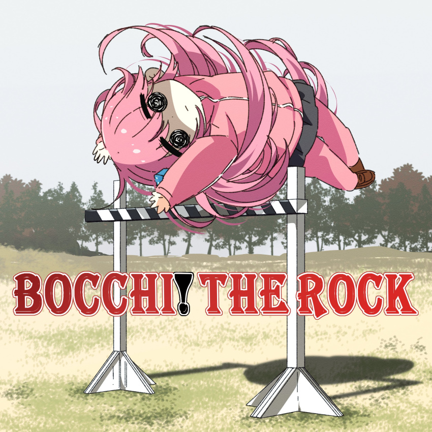 absurdres album_cover_redraw bangs bocchi_the_rock! brown_footwear derivative_work english_text field gotou_hitori goumonsha grass grey_skirt hair_between_eyes hair_cubes hair_ornament highres jacket jersey jumping loafers long_hair long_sleeves one_side_up pink_hair pink_jacket plaid plaid_skirt pleated_skirt shoes skirt track_jacket tree
