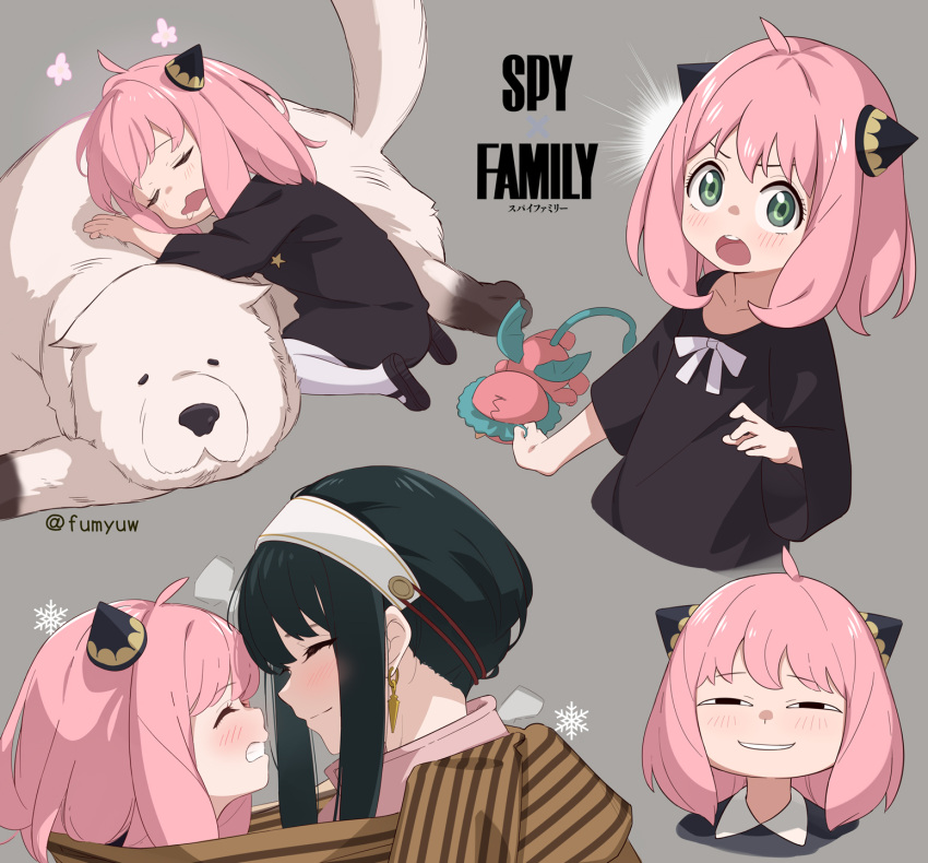 2girls :o anya's_heh_face_(meme) anya_(spy_x_family) bangs black_hair blush bond_(spy_x_family) child director_chimera_(spy_x_family) dog dress earrings female_child fumyu green_eyes grin hairband hairpods highres holding holding_stuffed_toy jewelry leaning medium_hair meme mother_and_daughter multiple_girls open_mouth parted_lips pink_hair saliva scarf shared_clothes shared_scarf sidelocks sitting sleeping sleeves_past_elbows smile snowflakes spy_x_family stuffed_toy yor_briar
