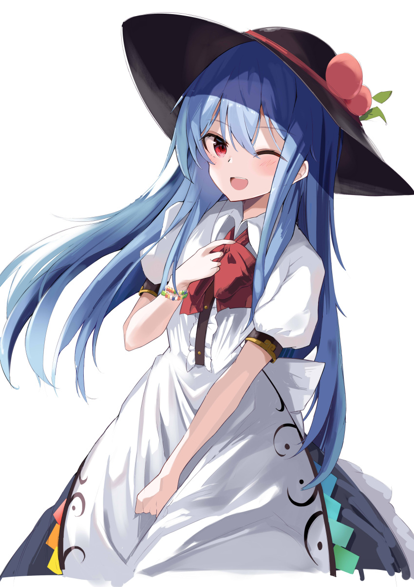 1girl ;d absurdres black_headwear blue_hair bow bowtie center_frills character_name collarbone food frills fruit highres hinanawi_tenshi leaf long_hair looking_at_viewer one_eye_closed peach red_bow red_bowtie red_eyes short_sleeves simple_background smile solo standing tetsurou_(fe+) touhou white_background