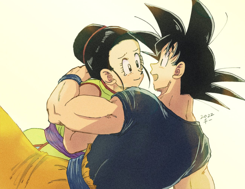 1boy 1girl arm_around_shoulder black_hair black_shirt chi-chi_(dragon_ball) chi_(cmon_57) commentary_request dragon_ball dragon_ball_z girl_on_top hetero husband_and_wife looking_at_another muscular muscular_male open_mouth saiyan shirt simple_background smile son_goku spiky_hair tears white_background