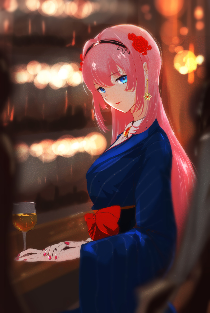 1girl bangs blue_eyes blue_kimono blurry blurry_background blurry_foreground bow closed_mouth cocktail_glass cohi27151463 cup drinking_glass earrings hair_between_eyes highres indoors japanese_clothes jewelry kimono long_hair nail_polish obi original pink_hair red_bow red_lips red_nails sash shiny shiny_hair smile solo very_long_hair