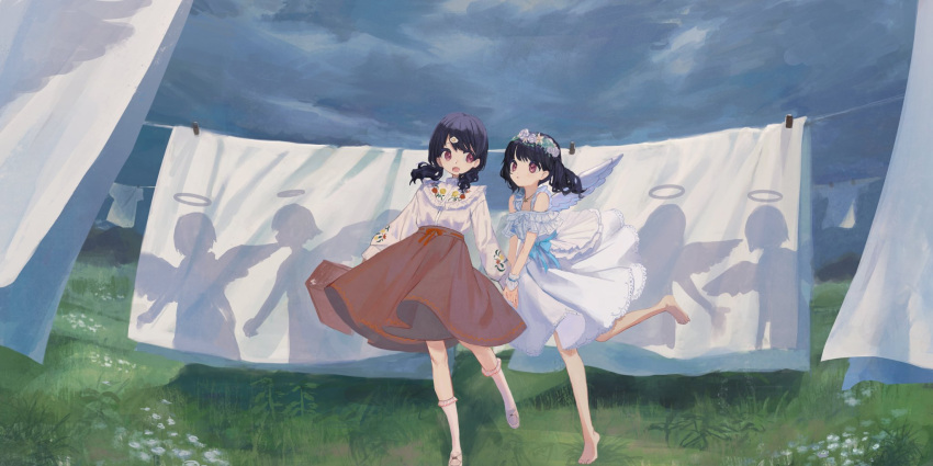 2girls angel angel_wings bare_shoulders barefoot bed_sheet black_hair brown_skirt clothesline clouds cloudy_sky commentary_request dress dual_persona fangs flower_wreath frilled_dress frills fukumaru_koito halo highres idolmaster idolmaster_shiny_colors kneehighs laundry long_hair low_twintails medium_skirt milimilihosi multiple_girls shadow shirt skin_fangs skirt sky sleeveless sleeveless_dress socks twintails violet_eyes white_dress white_shirt white_socks wings