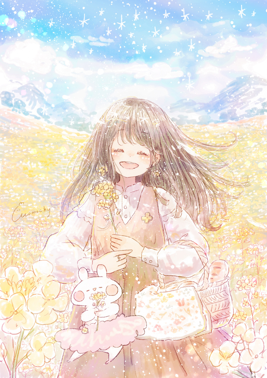 1girl ^_^ artist_name bangs basket blue_sky blush_stickers bread brown_hair brown_vest carrying_bag closed_eyes clouds day dress field floating_hair flower flower_field food highres holding holding_basket holding_flower light long_hair long_sleeves momochy mountainous_horizon original pastel_colors pinafore_dress pink_skirt rabbit rapeseed_blossoms shiny shiny_hair signature skirt sky sleeve_cuffs too_many_flowers vest white_dress wind yellow_flower