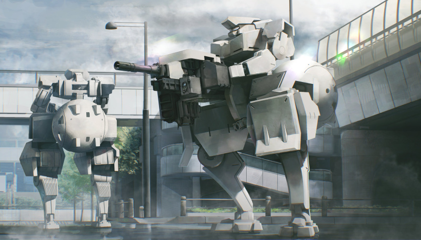 absurdres assault_visor borrowed_character bridge clouds gun highres holding holding_gun holding_weapon kusami_toka_naku_au lamppost looking_ahead mecha no_humans original robot science_fiction sky solo_focus standing weapon