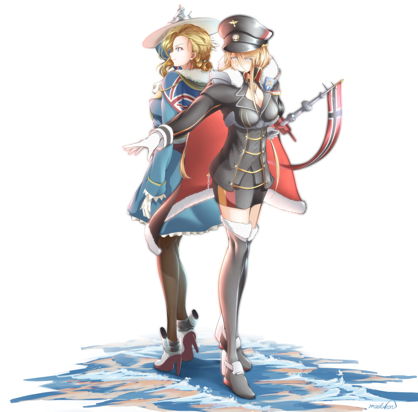 2girls absurdres asymmetrical_hair azur_lane back-to-back bismarck_(azur_lane) bismarck_(coat_of_arms) black_footwear black_headwear black_jacket black_skirt blonde_hair blue_dress blue_eyes boots breasts brown_pantyhose cape capelet coat_of_arms dress full_body fur-trimmed_cape fur_trim gloves hair_between_eyes hair_over_shoulder hat high_heels highres hood_(azur_lane) jacket long_hair madakov_kodima medium_breasts military military_uniform miniskirt multiple_girls pantyhose peaked_cap simple_background skirt standing thigh_boots tilted_headwear uniform union_jack white_background white_gloves white_headwear zettai_ryouiki