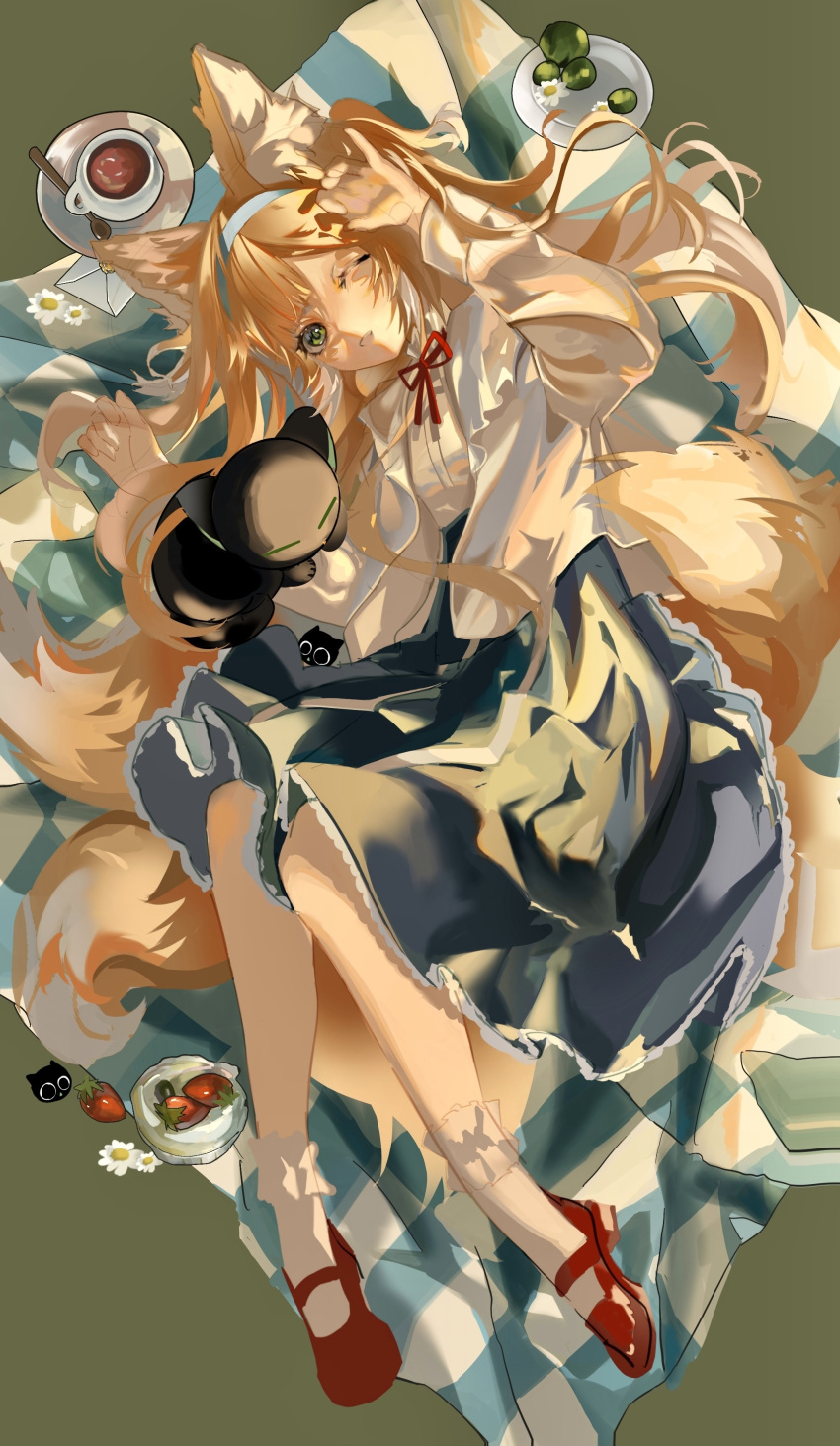 1girl absurdres animal_ears arknights arm_up black_cat blanket blonde_hair blue_hairband blue_skirt cat commentary cup envelope fox_ears fox_girl fox_tail frilled_hairband frilled_socks frills green_eyes grin hairband heixiu highres jacket kitsune long_hair looking_at_viewer luoxiaohei lying neck_ribbon on_side open_clothes open_jacket plaid red_footwear red_ribbon ribbon saucer shirt shoes skirt smile socks spoon suzuran_(arknights) suzuran_(spring_praise)_(arknights) symbol-only_commentary tail tewuxiaoyao the_legend_of_luo_xiaohei very_long_hair white_jacket white_shirt white_socks