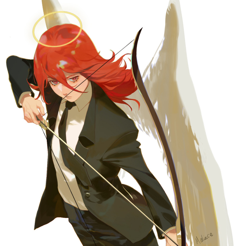 1boy angel angel_devil_(chainsaw_man) angel_wings black_jacket black_necktie black_pants bow_(weapon) chainsaw_man collared_shirt drawing_bow formal hair_between_eyes halo holding holding_bow_(weapon) holding_weapon jacket long_hair malizce necktie pants red_eyes redhead shirt simple_background solo suit weapon white_background white_shirt wings