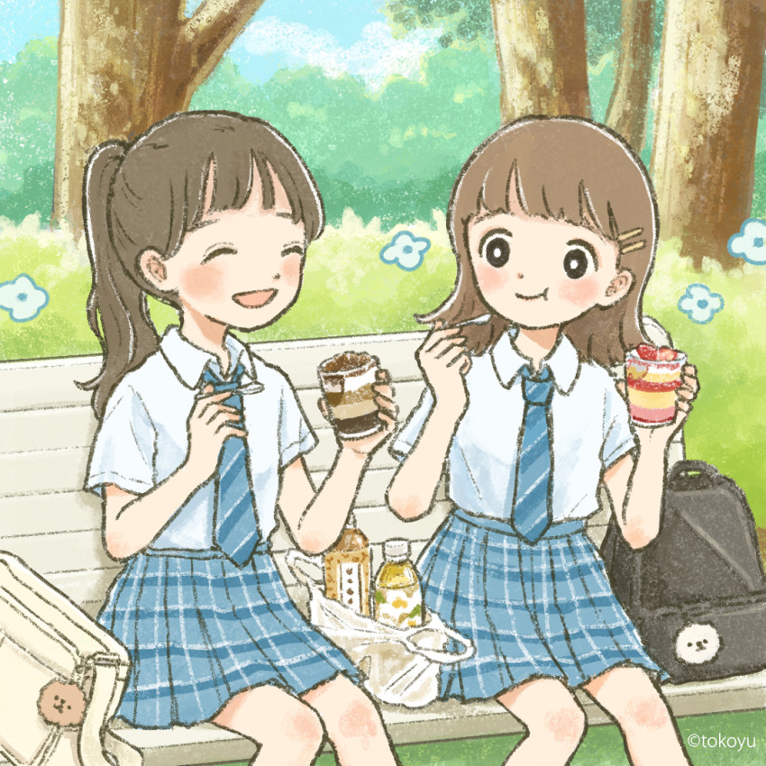 2girls :d ^_^ artist_name bag bag_charm bangs bench black_bag black_eyes black_hair blue_necktie blue_skirt brown_hair bush charm_(object) closed_eyes collared_shirt cup day diagonal-striped_necktie eating flower food food_request hair_ornament hairpin holding holding_food holding_spoon looking_at_another multiple_girls multiple_hairpins necktie original park plaid plaid_skirt plastic_bag plastic_bottle ponytail school_bag school_uniform shirt short_hair short_sleeves sitting skirt smile spoon tokoyu tree uniform white_bag white_flower white_shirt