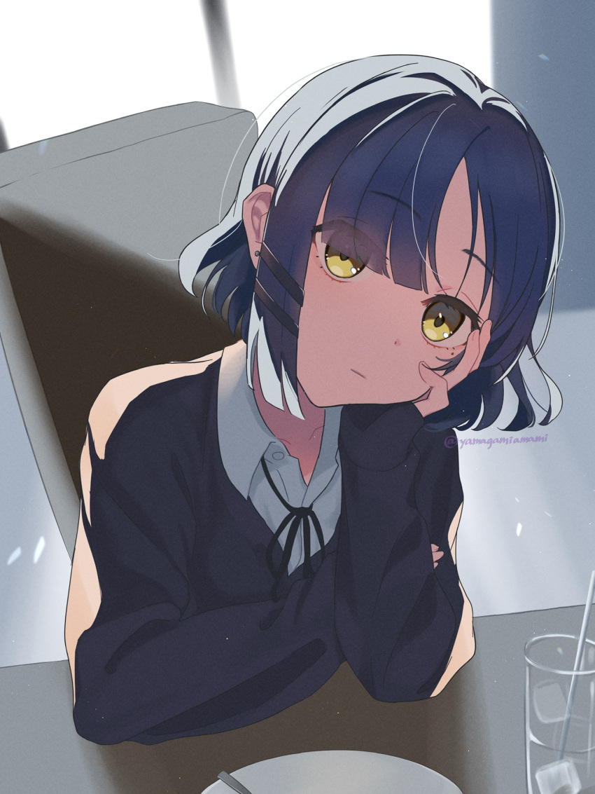 1girl arms_on_table bangs black_bow black_bowtie black_jacket blue_hair bocchi_the_rock! bow bowtie chair closed_mouth collarbone collared_shirt commentary glass hair_between_eyes hair_ornament hairpin hand_on_own_arm hand_on_own_cheek hand_on_own_face head_tilt highres indoors jacket long_sleeves looking_at_viewer plate shirt short_hair sitting solo swept_bangs twitter_username white_shirt yamada_ryou yamagamiamami yellow_eyes