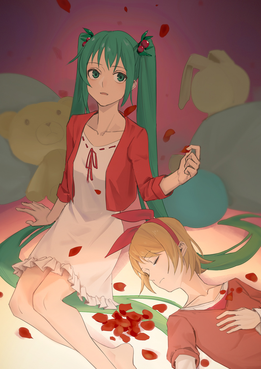 2girls aqua_eyes aqua_hair blonde_hair blurry blurry_background bow bow_hairband closed_eyes collarbone commentary dress falling_petals food-themed_hair_ornament fruit_hair_ornament hair_ornament hairband hand_on_own_chest hatsune_miku highres jacket kagamine_rin kurikaeshi_hitotsubu_(vocaloid) long_hair lying multiple_girls on_back parted_lips petals red_bow red_dress red_jacket sitting stuffed_animal stuffed_bunny stuffed_toy tearing_up teddy_bear twintails very_long_hair vocaloid white_dress wounds404