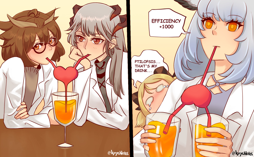 4girls arknights bangs black-framed_eyewear blonde_hair blush brown_eyes brown_hair brown_shirt commentary crazy_straw cup drinking drinking_straw earrings english_commentary feathered_wings glasses grey_hair grey_shirt grey_wings hair_between_eyes head_wings heart_straw highres holding holding_cup horns ifrit_(arknights) jewelry kirie_kyrye labcoat multiple_girls open_clothes orange_eyes ptilopsis_(arknights) red_eyes saria_(arknights) semi-rimless_eyewear shared_drink shirt silence_(arknights) stud_earrings table tears twitter_username under-rim_eyewear wings yuri