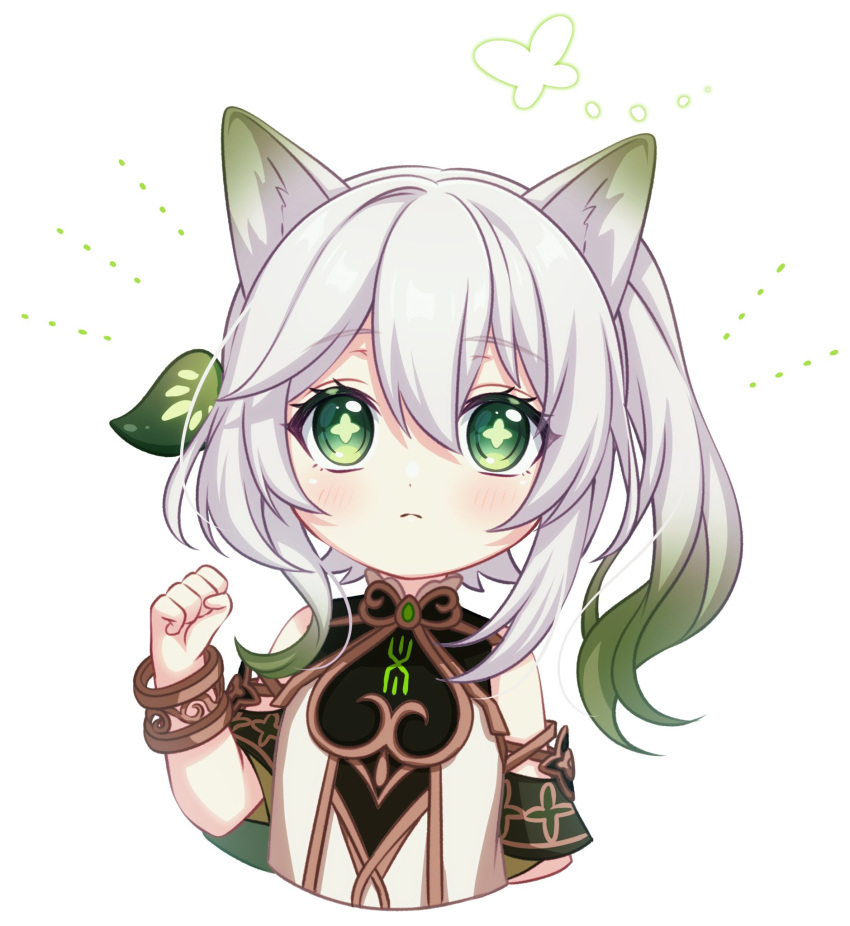 1girl animal_ears bangs bare_shoulders blush bracelet bug butterfly butterfly_wings cape cat_ears closed_mouth commentary_request cross-shaped_pupils detached_sleeves dress eyelashes flying gem genshin_impact green_cape green_eyes green_gemstone green_hair grey_hair hair_between_eyes hair_ornament hand_up highres jewelry leaf leaf_hair_ornament long_hair looking_to_the_side looking_up mandarin_collar multicolored_hair nahida_(genshin_impact) pochimaru_(marumaru_wanwan) ponytail short_sleeves side_ponytail sidelocks simple_background solo standing symbol-shaped_pupils two-tone_hair vision_(genshin_impact) white_background white_dress wings