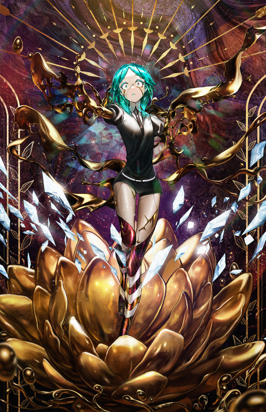 1other androgynous aqua_eyes aqua_hair black_necktie black_shorts broken crack cracked_skin crystal_hair daniel_deng gem_uniform_(houseki_no_kuni) highres houseki_no_kuni necktie open_mouth phosphophyllite shards short_sleeves shorts