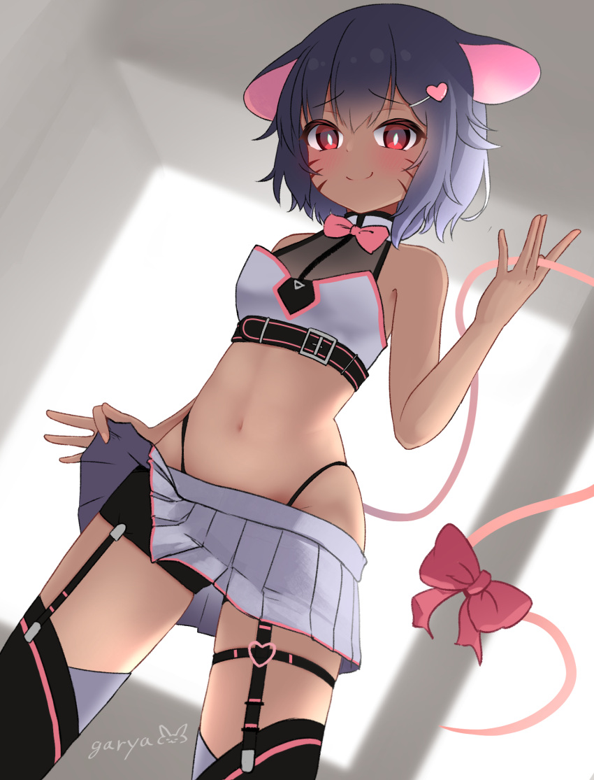 1girl animal_ears bike_shorts bow facial_mark gaarya hair_ornament hairclip highres indie_virtual_youtuber mouse_ears mouse_girl mouse_tail navel red_eyes short_hair simple_background solo tail thong virtual_youtuber yatra_(vtuber)