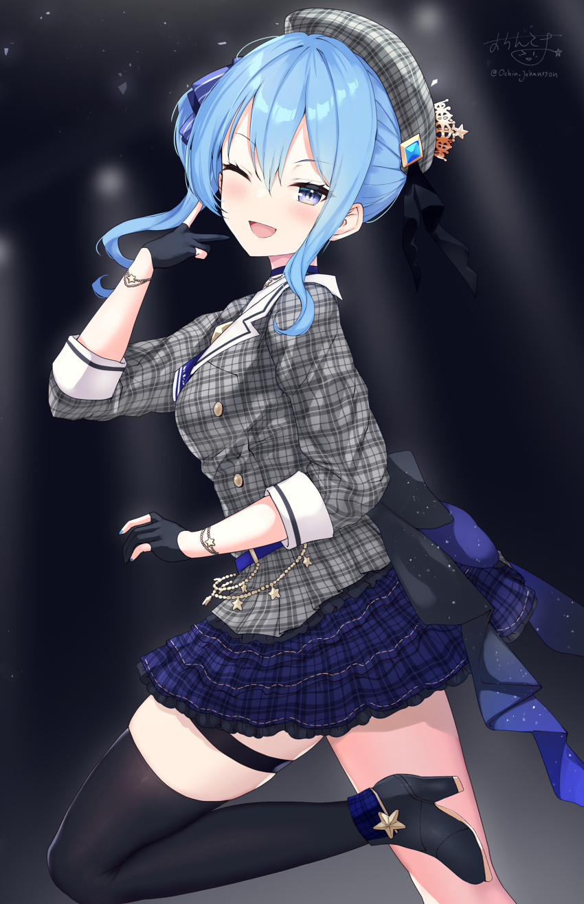 1girl :d ;d absurdres beret black_footwear black_gloves black_thighhighs blue_eyes blue_hair blue_skirt blush breasts commentary_request gloves grey_headwear grey_jacket hand_up hat high_heels highres hololive hoshimachi_suisei jacket long_hair looking_at_viewer ochinsama one_eye_closed partially_fingerless_gloves plaid plaid_headwear plaid_jacket plaid_skirt shoes side_ponytail sidelocks signature single_thighhigh skirt small_breasts smile solo standing standing_on_one_leg thigh-highs twitter_username virtual_youtuber