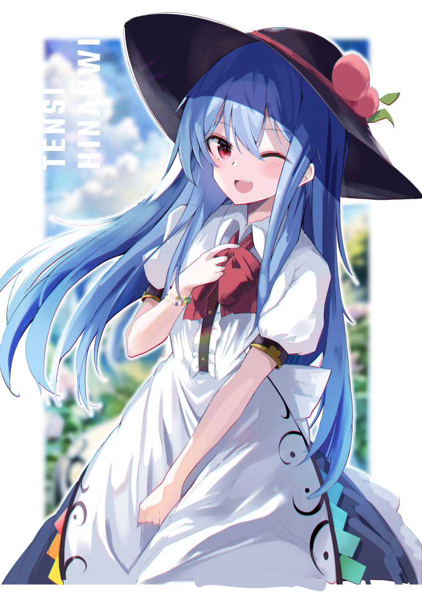 1girl ;d absurdres black_headwear blue_hair blurry blurry_background bow bowtie center_frills character_name collarbone food frills fruit highres hinanawi_tenshi leaf long_hair looking_at_viewer one_eye_closed outdoors peach red_bow red_bowtie red_eyes short_sleeves smile solo standing tetsurou_(fe+) touhou