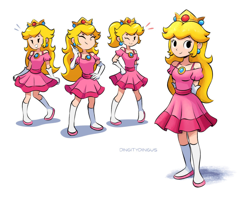 blonde_hair crown dress highres nintendo one_eye_closed pink_dress princess_peach vinny_(dingitydingus) white_background