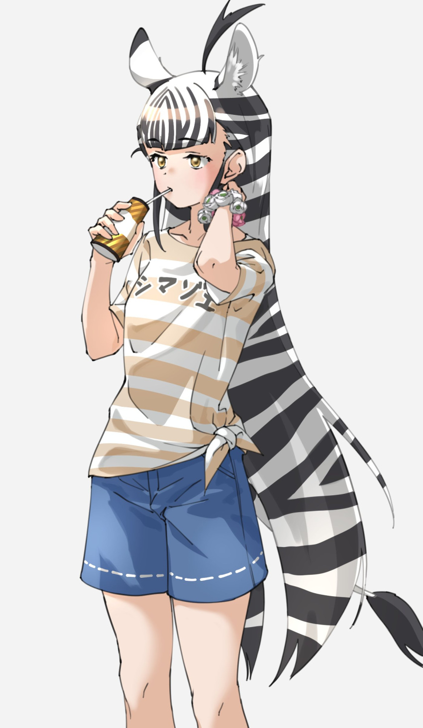 1girl absurdres ahoge alternate_costume animal_ear_fluff animal_ears bangs black_hair blue_shorts blunt_bangs clothes_writing commentary cowboy_shot drinking_straw_in_mouth extra_ears grey_background highres kemono_friends long_hair looking_away multicolored_hair plains_zebra_(kemono_friends) scrunchie shirt shorts simple_background solo striped striped_shirt t-shirt tanabe_(fueisei) tied_shirt two-tone_hair very_long_hair white_hair wrist_scrunchie yellow_eyes zebra_ears zebra_tail