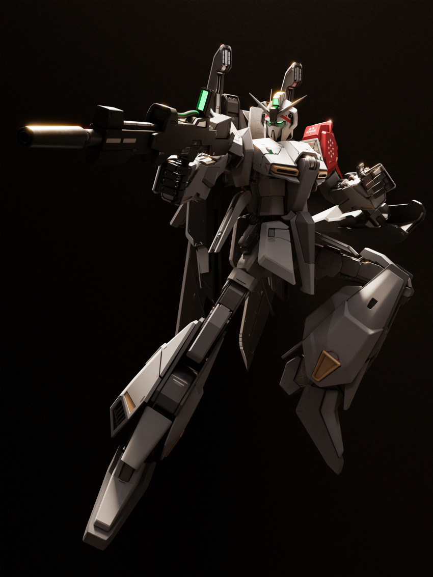 3d absurdres aiming beam_rifle black_background energy_gun english_commentary glowing glowing_eyes green_eyes gundam highres lights machinery mecha mjeff mobile_suit no_humans realistic robot science_fiction scope shield shiny space sunlight weapon zeta_gundam zeta_gundam_(mobile_suit)