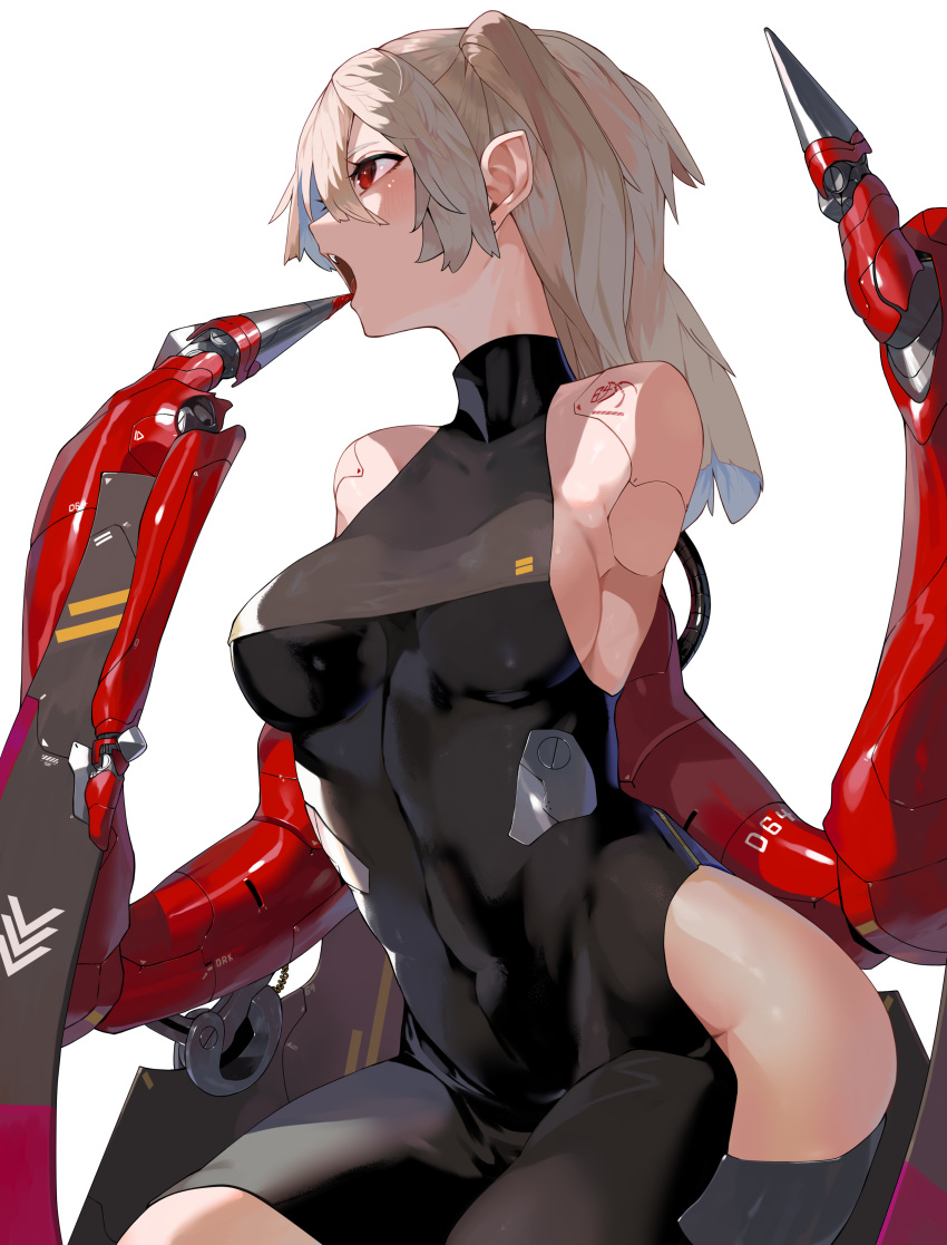 1girl absurdres amputee blonde_hair breasts covered_navel cyborg double_amputee highres hip_vent long_hair mechanical_wings medium_breasts open_mouth original pointy_ears red_eyes solo white_background wings yunimaru