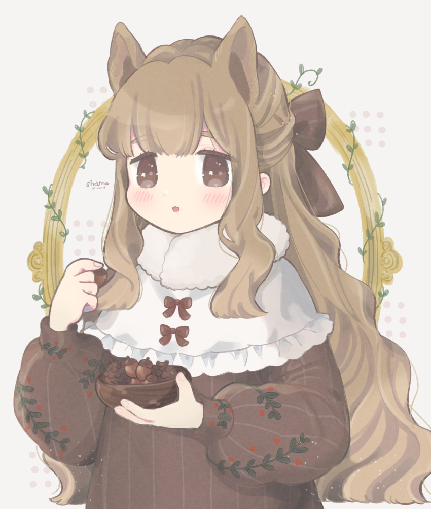 1girl :3 absurdres animal_ears artist_name bangs blush bow bowl brown_eyes brown_hair frilled_shirt_collar frills fur_collar hair_bow half_updo highres holding holding_acorn holding_bowl holly long_hair long_sleeves looking_at_viewer open_mouth original pinecone puffy_long_sleeves puffy_sleeves shamo3 solo squirrel_ears squirrel_girl wavy_hair