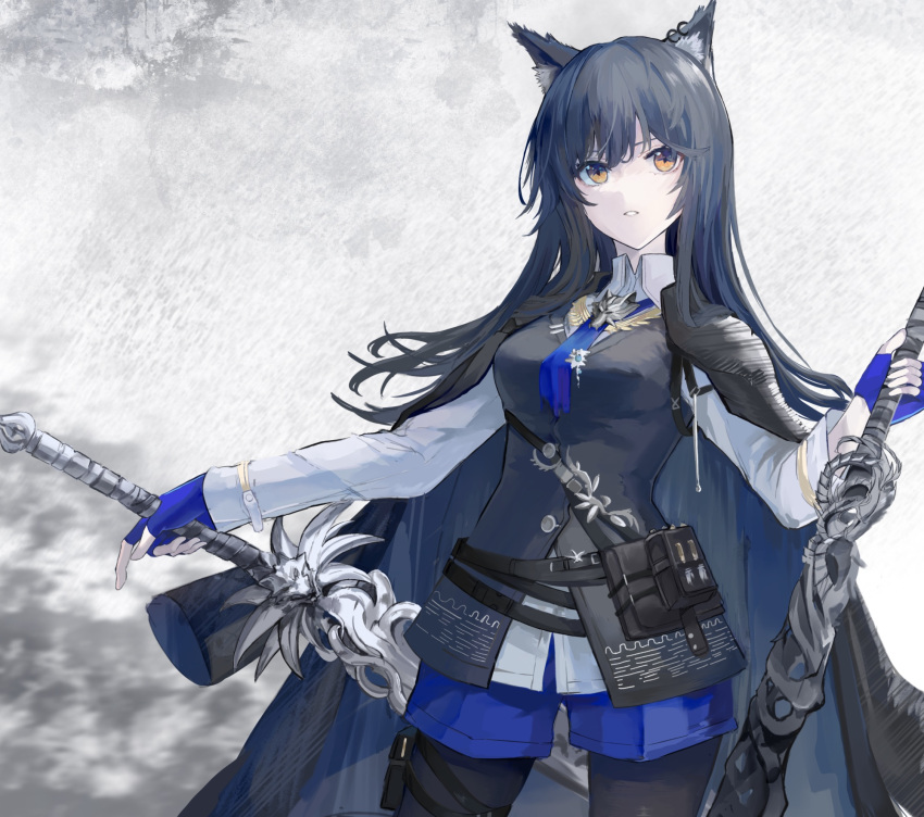 1girl animal_ear_fluff animal_ears arknights belt black_belt black_hair black_pantyhose blue_gloves blue_necktie blue_shorts collared_shirt commentary cowboy_shot fingerless_gloves gloves grey_vest hanafurashi highres holding holding_sword holding_weapon long_hair long_sleeves looking_at_viewer necktie official_alternate_costume orange_eyes pantyhose parted_lips pouch shirt shorts solo sword texas_(arknights) texas_the_omertosa_(arknights) vest weapon white_shirt wolf_ears wolf_girl