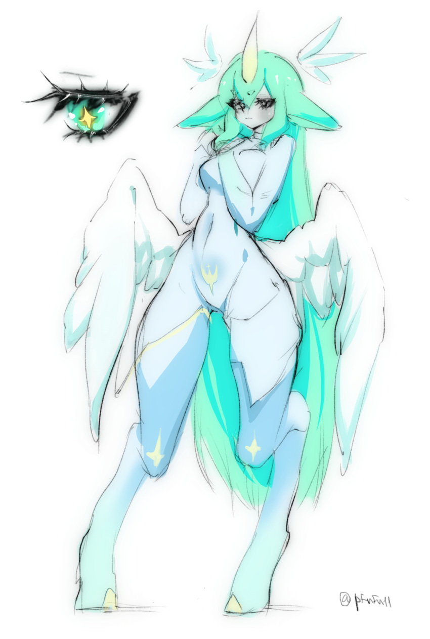 1girl alternate_costume alternate_hair_color animal animal_ears artist_name bangs bodysuit breasts closed_mouth eyelashes feathered_wings green_hair hair_ornament highres hooves horns large_breasts league_of_legends long_hair low_wings navel pfufu pilot_suit pointy_ears shy single_horn sketch solo soraka_(league_of_legends) spread_wings standing star_guardian_(league_of_legends) star_guardian_soraka straight_hair unicorn_girl white_background white_wings wide_hips wings