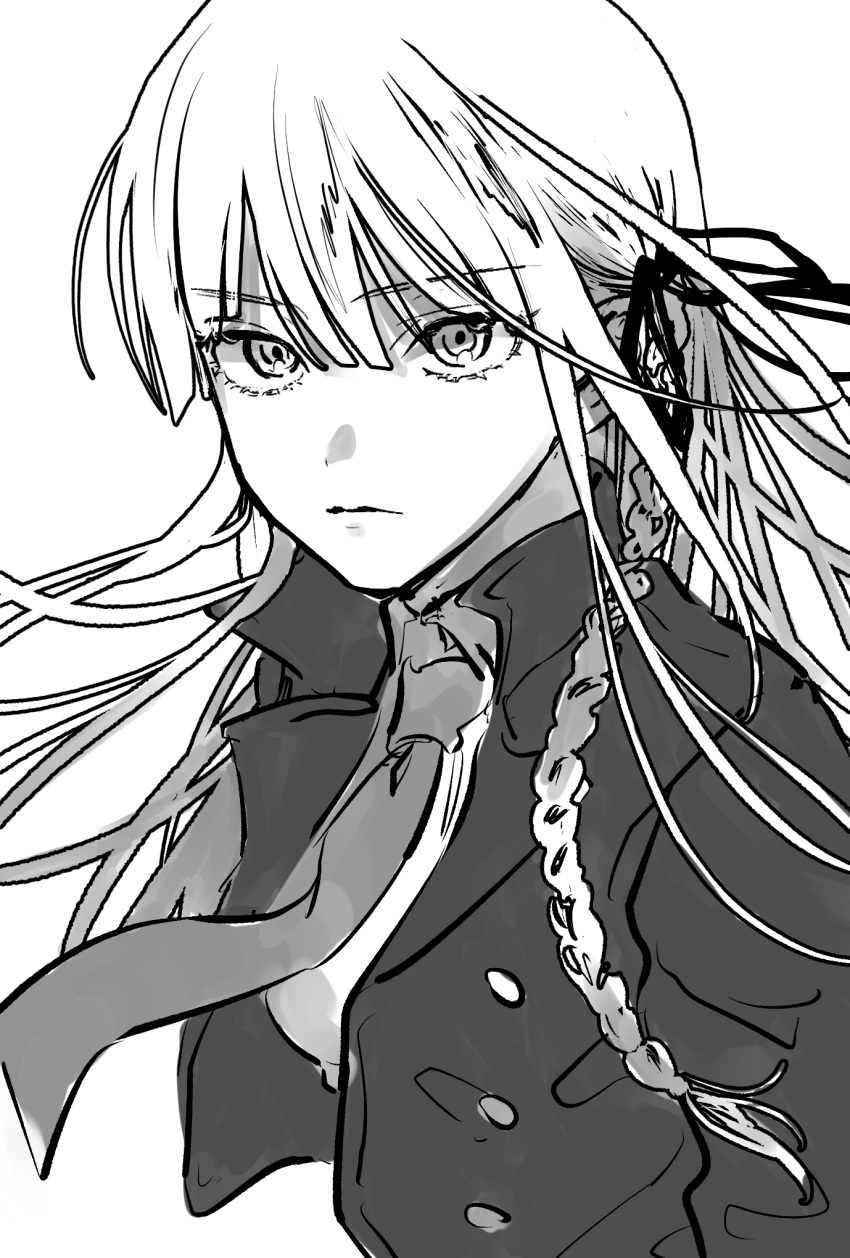 1girl bangs braid closed_mouth danganronpa:_trigger_happy_havoc danganronpa_(series) greyscale hair_ribbon highres jacket kirigiri_kyouko long_hair long_sleeves monochrome necktie open_clothes open_jacket ribbon sanmian_(chidarakeno) side_braid simple_background solo upper_body white_background