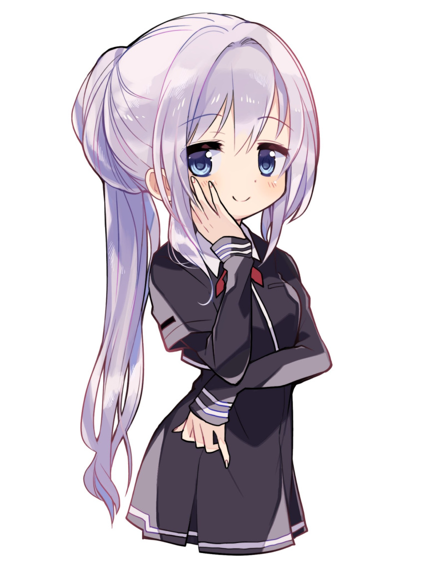 1girl bangs black_dress black_jacket blue_eyes blush closed_mouth collared_dress cropped_jacket cropped_legs cross_tie daitou_academy_school_uniform dot_nose dress elbow_rest grey_hair hair_between_eyes hair_bun hair_intakes hand_on_own_cheek hand_on_own_face hand_up highres igashira_ganka jacket layered_sleeves long_hair long_sleeves looking_at_viewer magia_record:_mahou_shoujo_madoka_magica_gaiden mahou_shoujo_madoka_magica necktie ponytail red_necktie school_uniform short_dress short_over_long_sleeves short_sleeves sidelocks simple_background smile solo split_mouth very_long_hair white_background yakumo_mitama