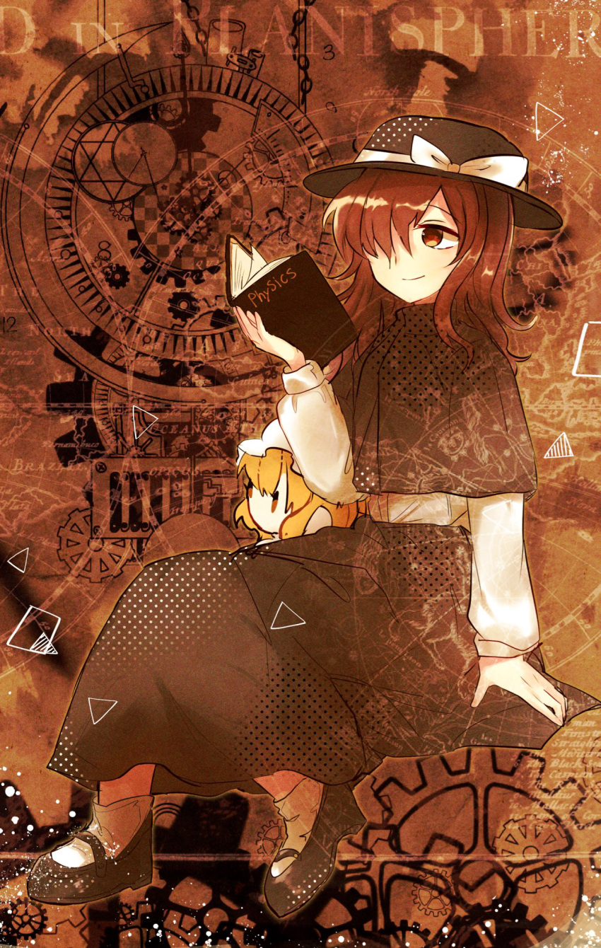 1girl black_capelet black_headwear black_skirt blonde_hair book bow brown_eyes brown_hair capelet clock commentary_request gears hair_over_one_eye hat hat_bow highres holding holding_book long_hair long_sleeves maribel_hearn moyashi_(oekaki_touhou) one_eye_covered open_book reading shirt shoes sitting skirt smile touhou usami_renko watch white_bow white_headwear white_shirt