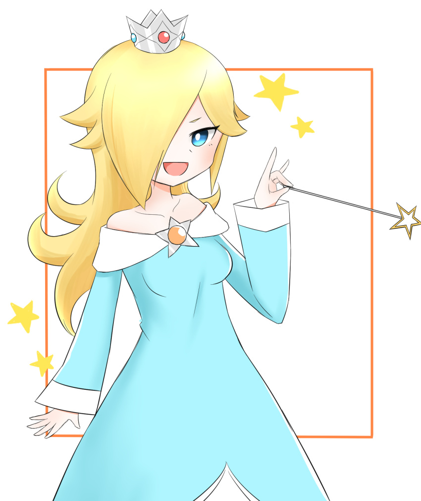 1girl bare_shoulders blonde_hair blue_eyes closed_mouth dress earrings hair_over_one_eye highres jewelry long_hair long_sleeves looking_at_viewer medium_hair rosalina simple_background smile solo star_(symbol) star_earrings super_mario_bros. super_mario_galaxy super_mario_galaxy_2 tomatomiya upper_body wand white_background