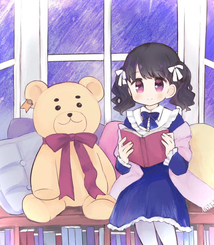 1girl bangs black_hair blue_dress book bow bowtie commentary_request dress fukumaru_koito hair_ribbon highres idolmaster idolmaster_shiny_colors indoors long_sleeves migirinano pantyhose reading ribbon shawl sitting solo stuffed_animal stuffed_toy swept_bangs teddy_bear twintails violet_eyes