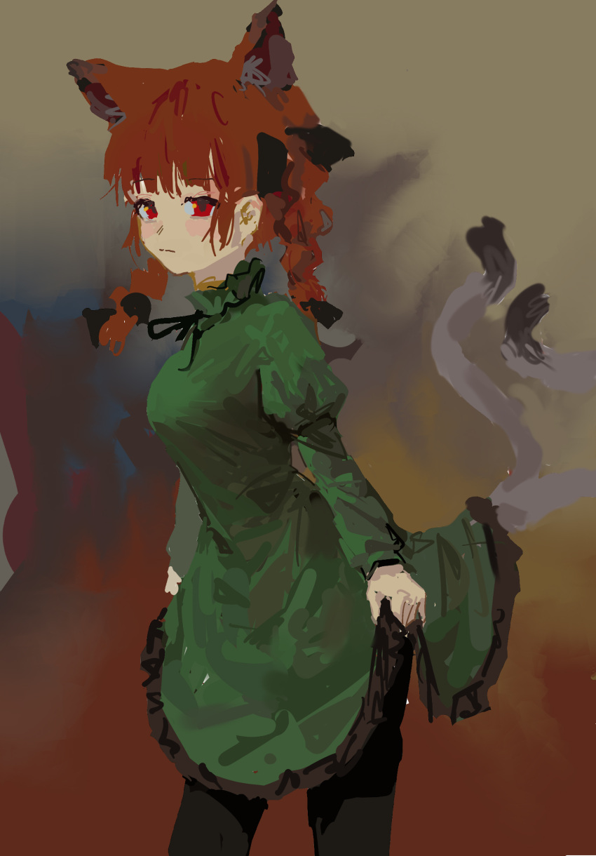 1girl animal_ears blush bow braid breasts cat_ears clothes_lift dress dress_lift expressionless fire green_dress hair_bow highres kaenbyou_rin large_breasts lifted_by_self long_sleeves looking_at_viewer multiple_tails nekomata pantyhose red_eyes reddizen redhead simple_background solo tail touhou twin_braids two_tails