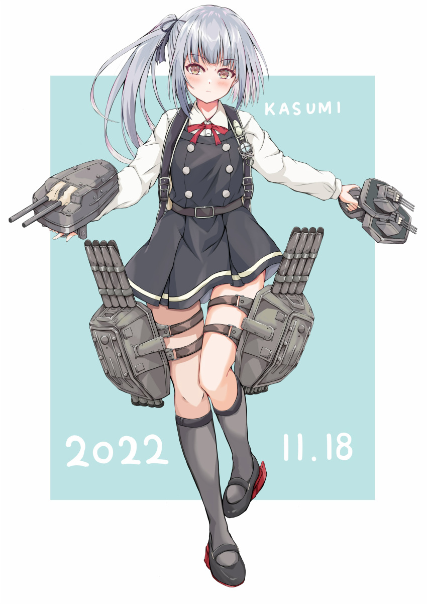 1girl absurdres belt black_belt black_dress black_ribbon black_socks blush character_name closed_mouth collared_shirt dairyo3 dated dress full_body grey_hair hair_ribbon highres holding kantai_collection kasumi_(kancolle) kasumi_kai_ni_(kancolle) kneehighs long_hair long_sleeves machinery pinafore_dress ribbon rigging rudder_footwear shirt side_ponytail socks solo torpedo torpedo_launcher torpedo_tubes turret white_shirt yellow_eyes