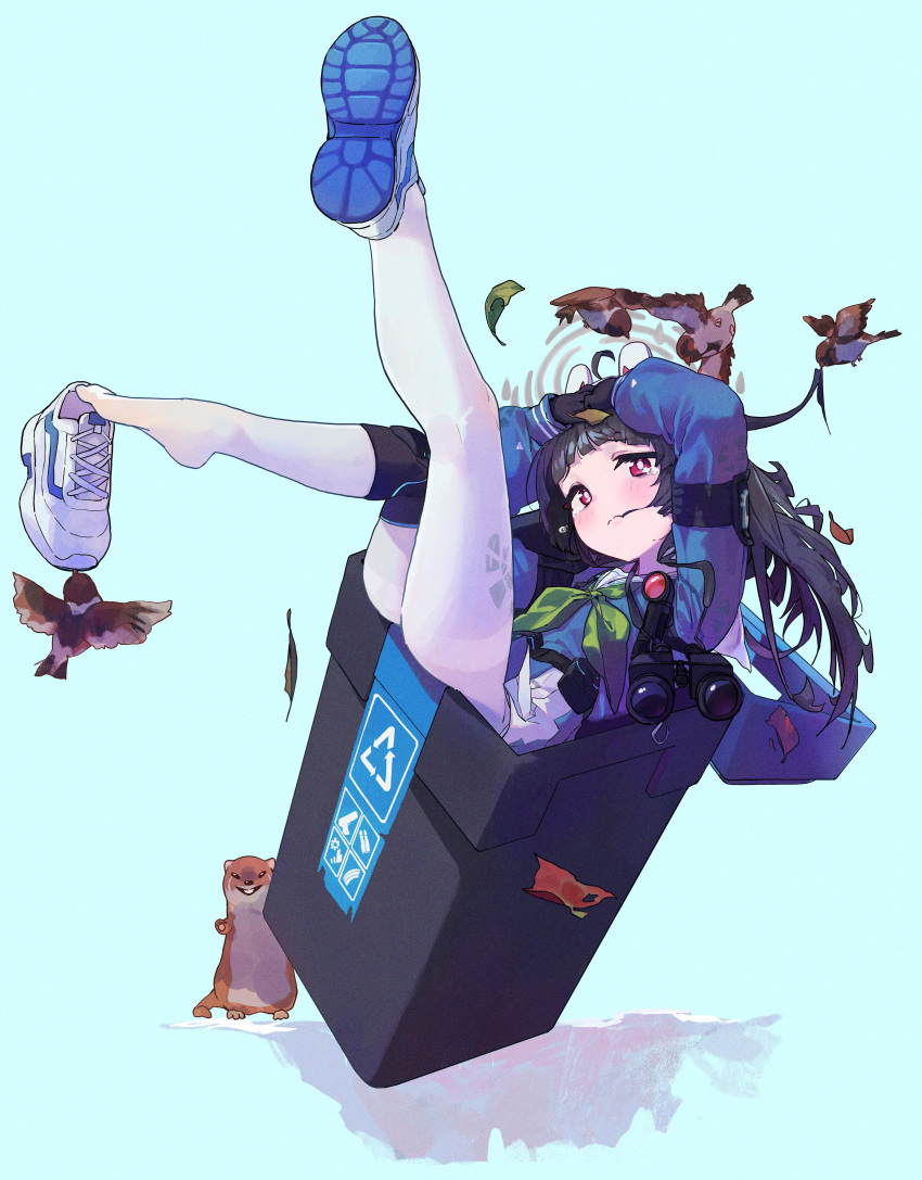 1girl absurdres ahoge bangs binoculars bird black_gloves black_hair blue_archive blue_background blue_shirt blue_skirt blunt_bangs closed_mouth crying crying_with_eyes_open full_body gloves green_neckerchief halo highres ikky knee_pads leaf leaf_on_head long_hair long_sleeves looking_at_viewer miyu_(blue_archive) neckerchief pantyhose pink_eyes school_uniform serafuku shirt shoe_soles shoes simple_background single_knee_pad single_shoe skirt sneakers tears thighs trash_can white_footwear white_pantyhose