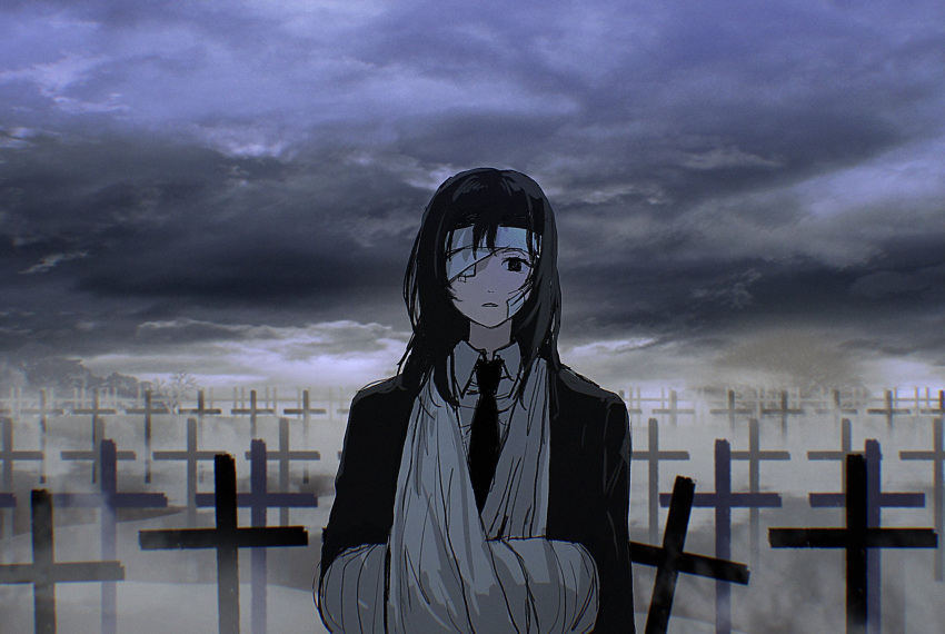 1girl arm_sling bandage_on_face bandage_over_one_eye bandaged_arm bandaged_head bandages black_hair black_jacket black_necktie chainsaw_man clouds cloudy_sky collared_shirt cross dark dark_clouds evening fog formal graveyard highres himeno_(chainsaw_man) jacket looking_at_viewer medium_hair messy_hair necktie shinamoku00 shirt sky solo suit tombstone white_shirt